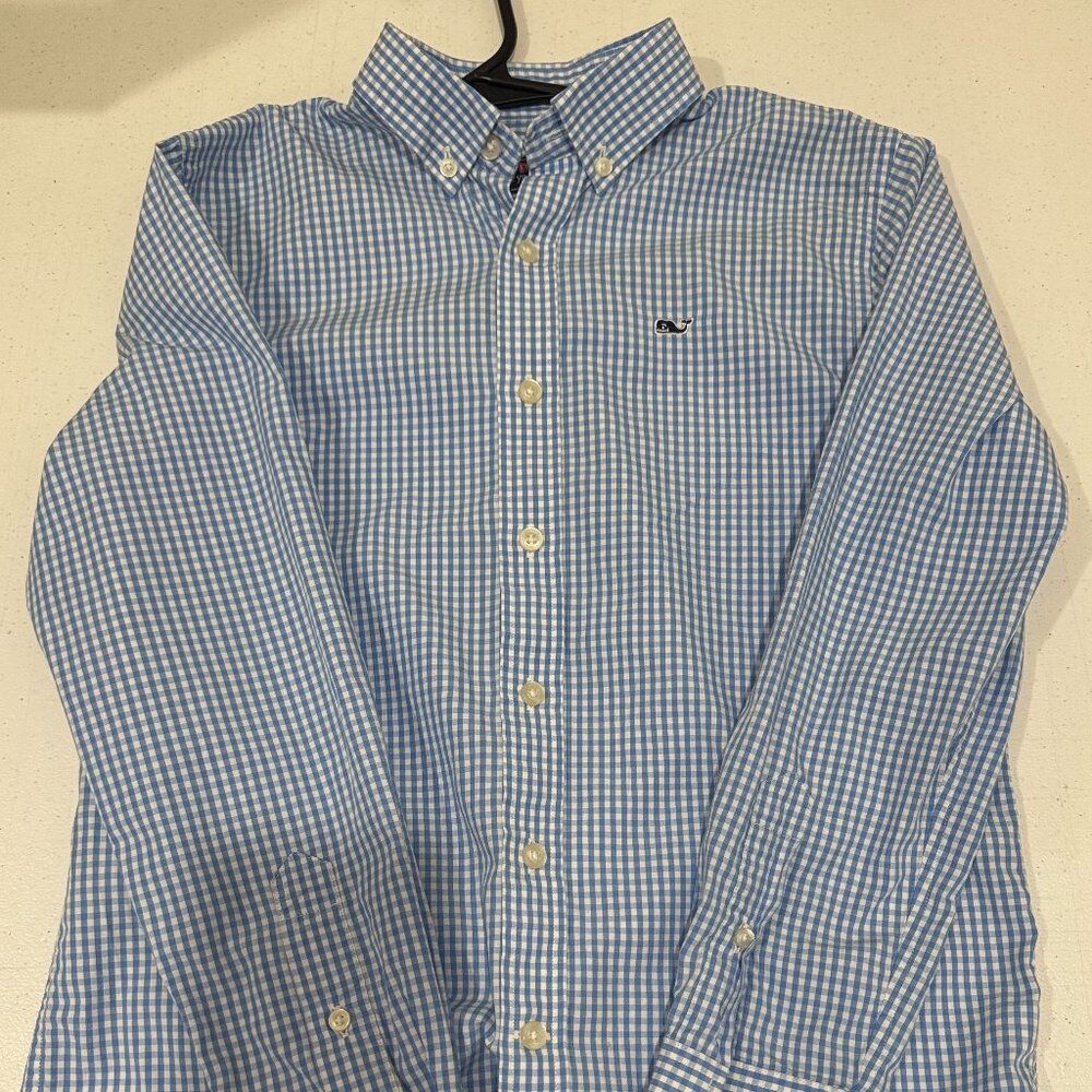 Vineyard Vines Boys M 12-14 Whale Shirt 100% Cotton Long Sleeve Blue White